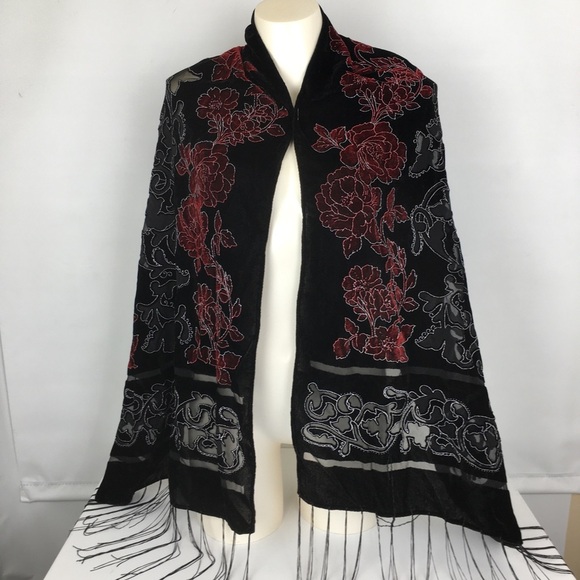 Unbranded Accessories - Floral Velvet Burnout Wide Scarf Wrap Black Red Sheer Fringe Evening Romantic